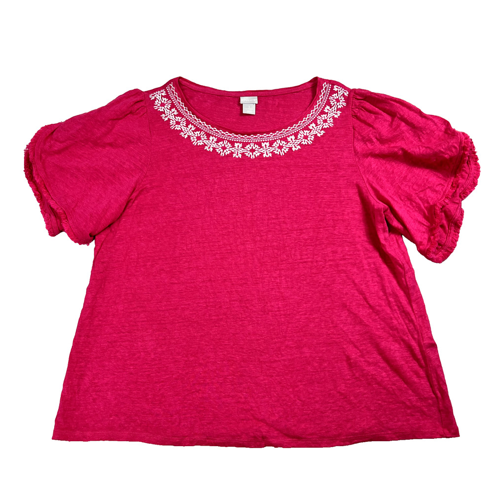 Chicos Tee Womens 3 US XL Pink Linen Knit Top Short Sleeve Pullover Embroidery